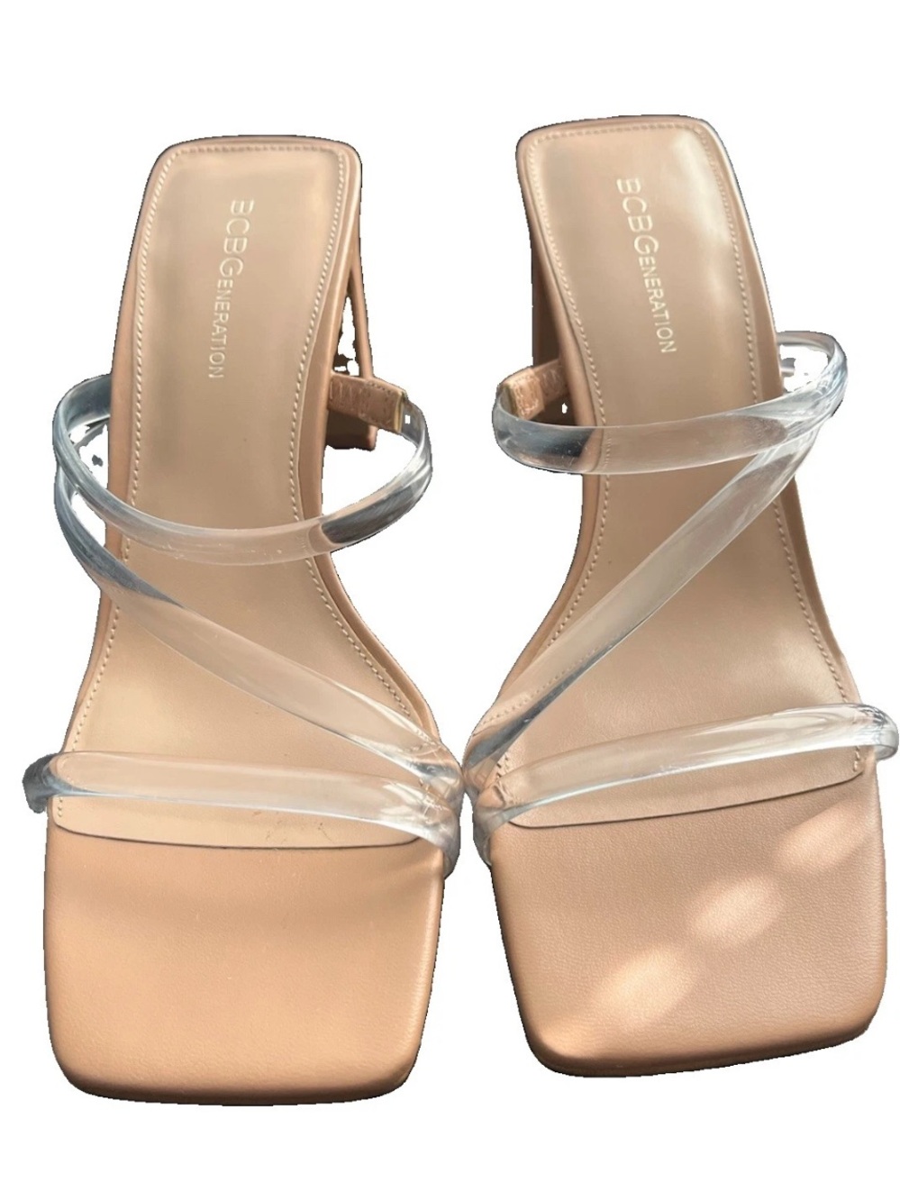BCBGeneration Clear-Strap Nude Square-Toe Mid Heel Sandals
